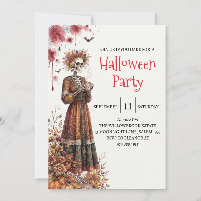 Invitation de fête d'Halloween squelette de dame g (Devant)