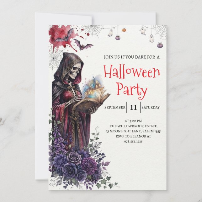 Invitation de fête d'Halloween squelette de dame g (Devant)