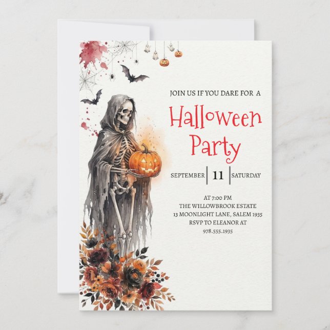 Invitation de fête d'Halloween squelette de dame g (Devant)