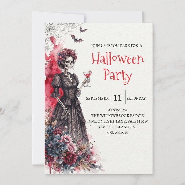 Invitation de fête d'Halloween squelette de dame g (Devant)