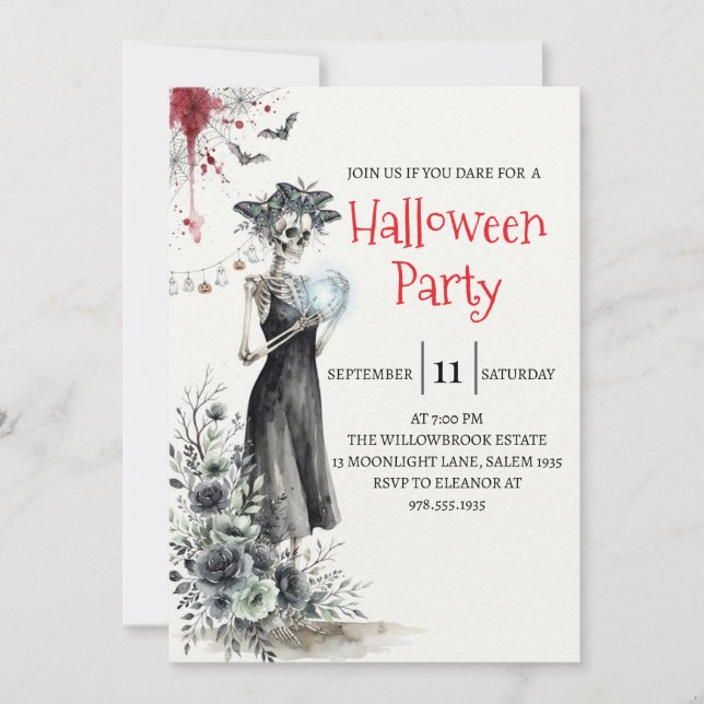 Invitation de fête d'Halloween squelette de dame g (Devant)