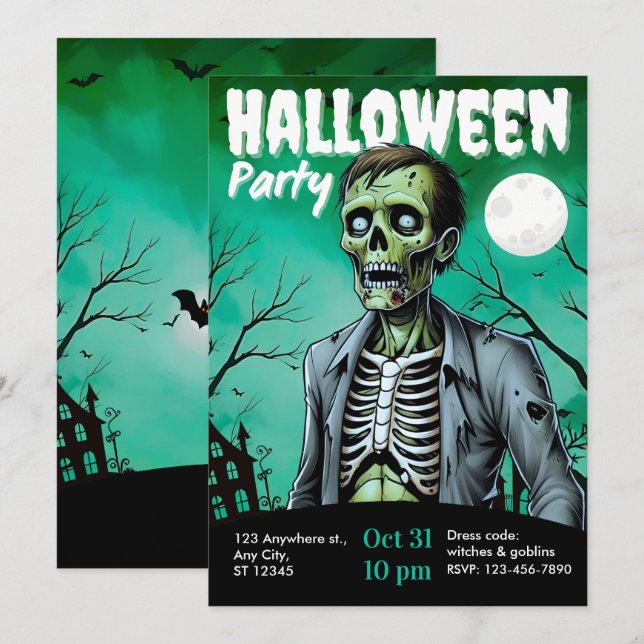 Invitation de fête d'Halloween squelette zombie po (Devant / Derrière)
