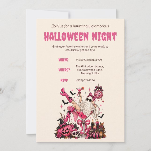 Invitation de fête d'Halloween sur le thème rose (Devant)