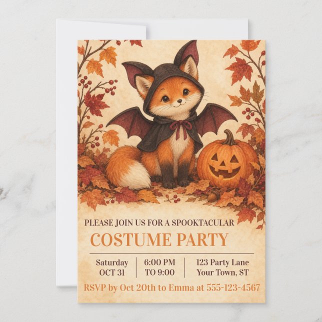 Invitation de fête d'Halloween tenue de renard cha (Devant)