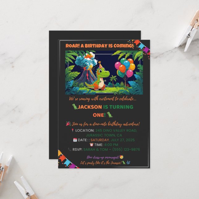 Invitation de fête Dino - modifiable (Devant/Arrière en situation)