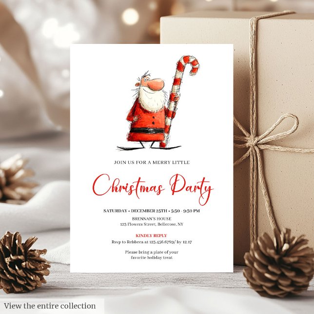 Invitation de fête drôle et originale au Père Noël (Funny Quirky Santa Hand-Lettered Party Invite)