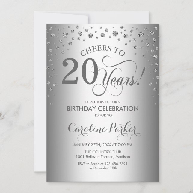 Invitation de fête du 20e anniversaire - Argent (Devant)