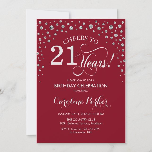 Invitation de fête du 21e anniversaire - Rouge arg (Devant)