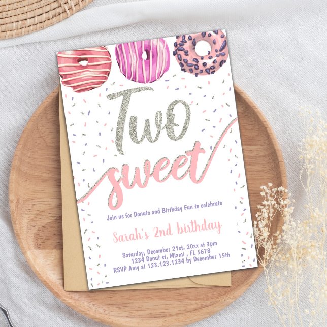 Invitation de fête du 2e anniversaire modifiable (Two Sweet Silver Donut Birthday Invitations)