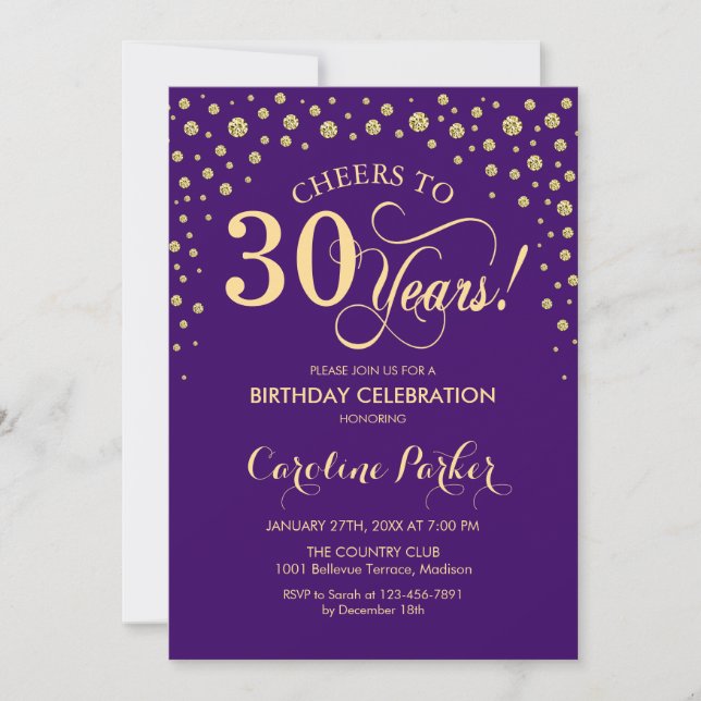 Invitation de fête du 30e anniversaire - Gold Purp (Devant)