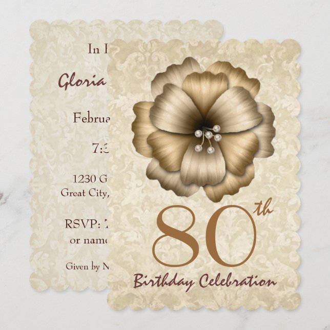 Invitation de fête du 80e anniversaire Bow fleuris (Devant / Derrière)