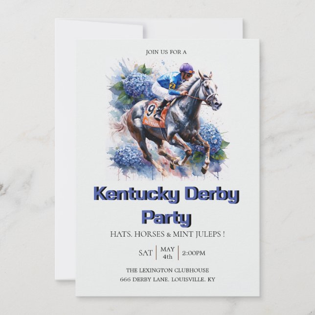 Invitation de fête du Kentucky Derby Bleu Aquarell (Devant)