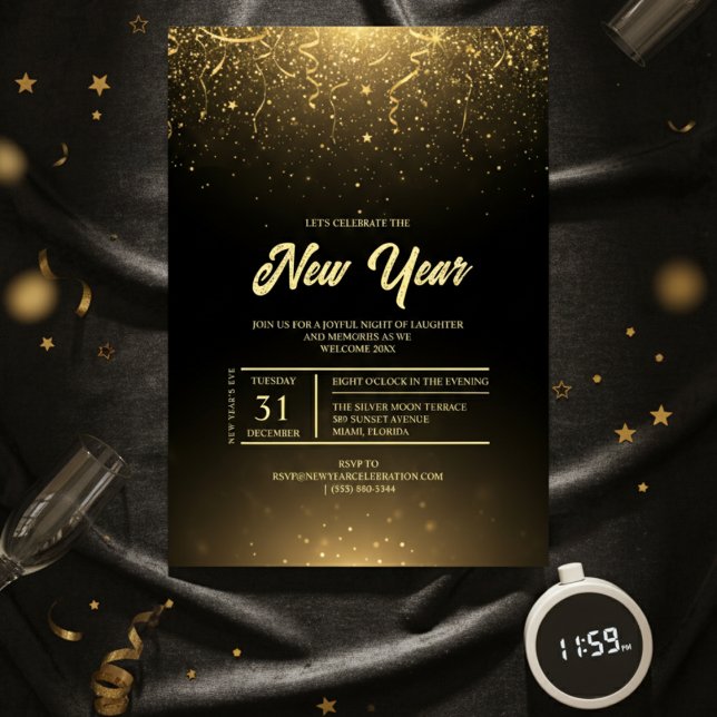 Invitation de fête du Nouvel An Black Gold Sparkle (Black Gold Sparkle New Year Party Invitation)