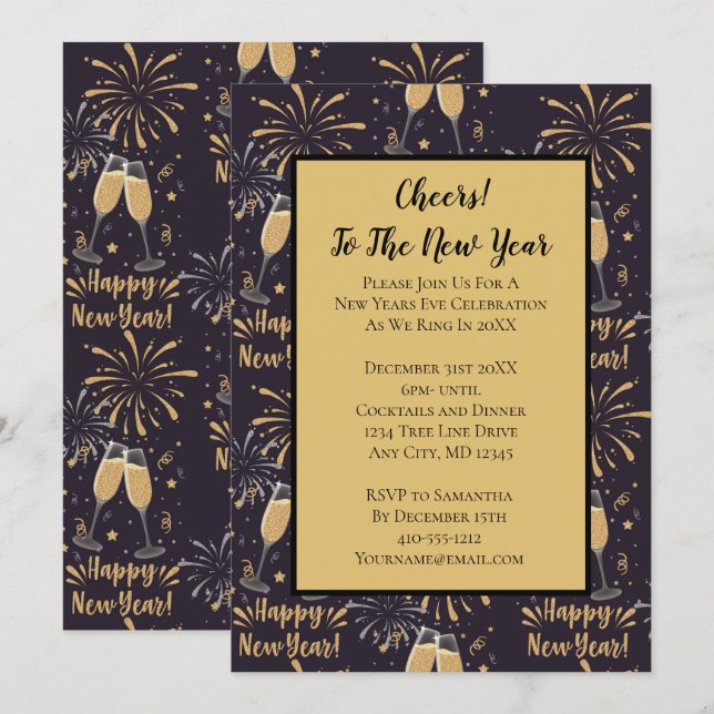 Invitation de fête du Nouvel An Champagne Feux d'a (Devant / Derrière)