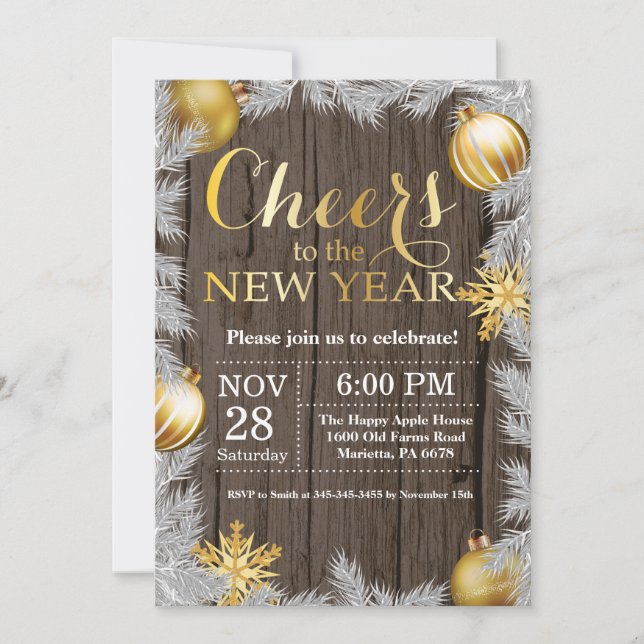 Invitation de fête du Nouvel An en Or Rustique (Devant)