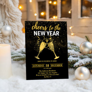 Invitation de fête du Nouvel An Luxe Noir et Or Pa