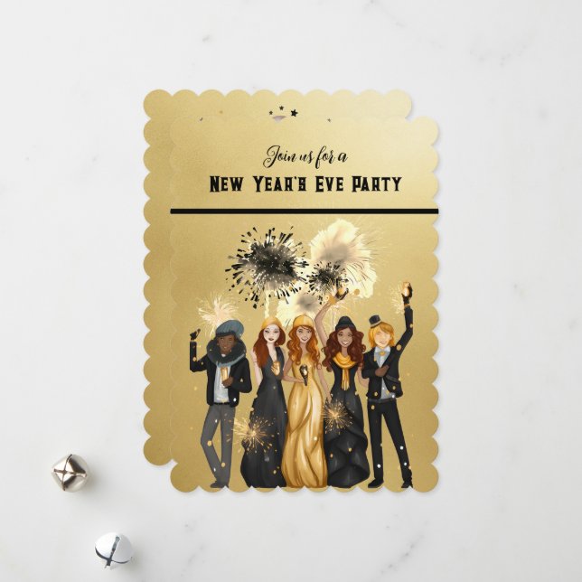 Invitation de fête du Nouvel An noir et or (Devant/Arrière en situation)