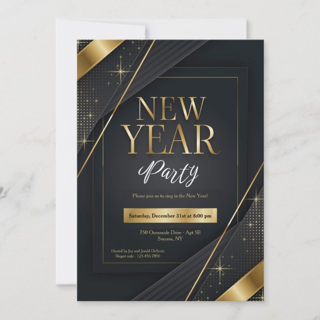 Invitation de fête du Nouvel An noir et or (Devant)