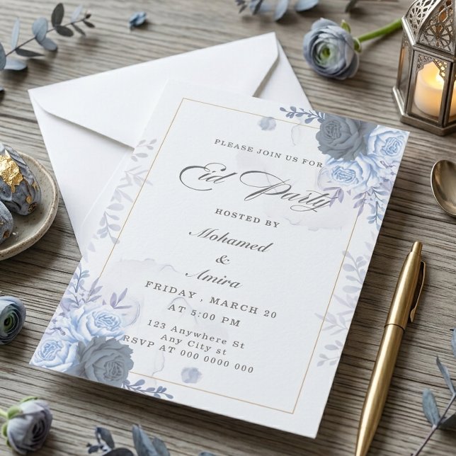 Invitation de fête Eid aux Roses Bleues Élégantes (Créateur téléchargé)