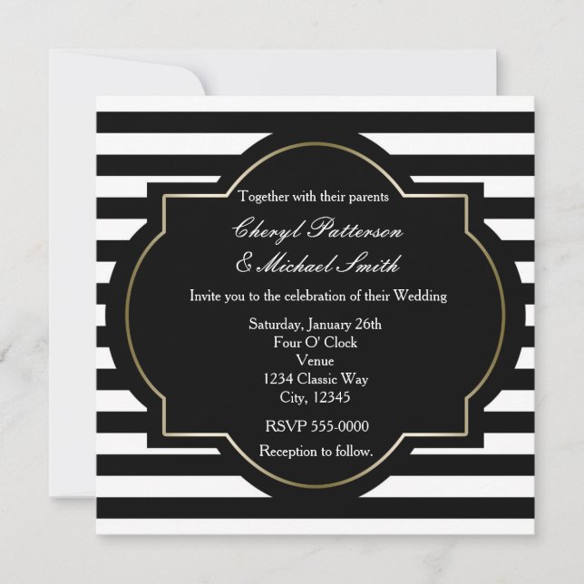 Invitation de fête élégante à rayures noires, blan (Devant)