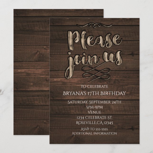 Invitation de fête élégante en bois rustique pour  (Devant / Derrière)