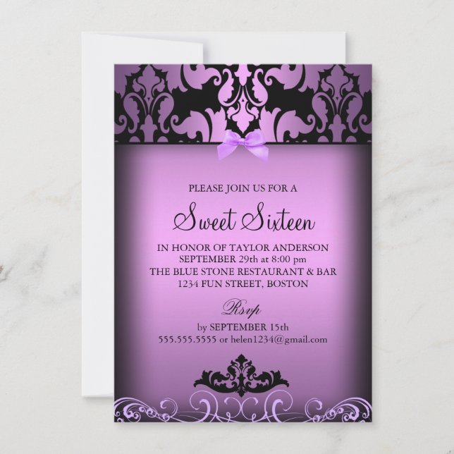 Invitation de fête élégante en damas violet pour u (Devant)
