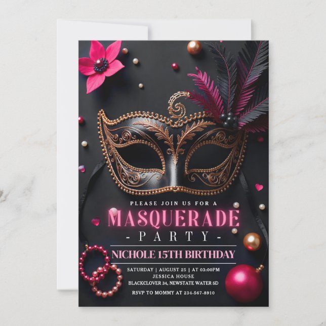 Invitation de fête élégante Masquerade rose (Devant)