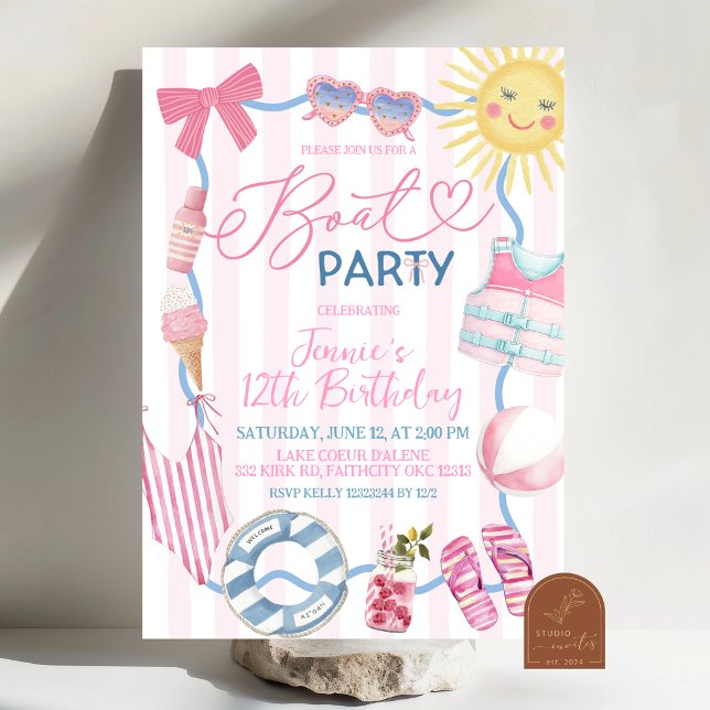 Invitation de fête en bateau pour fille avec nœud  (Créateur téléchargé)