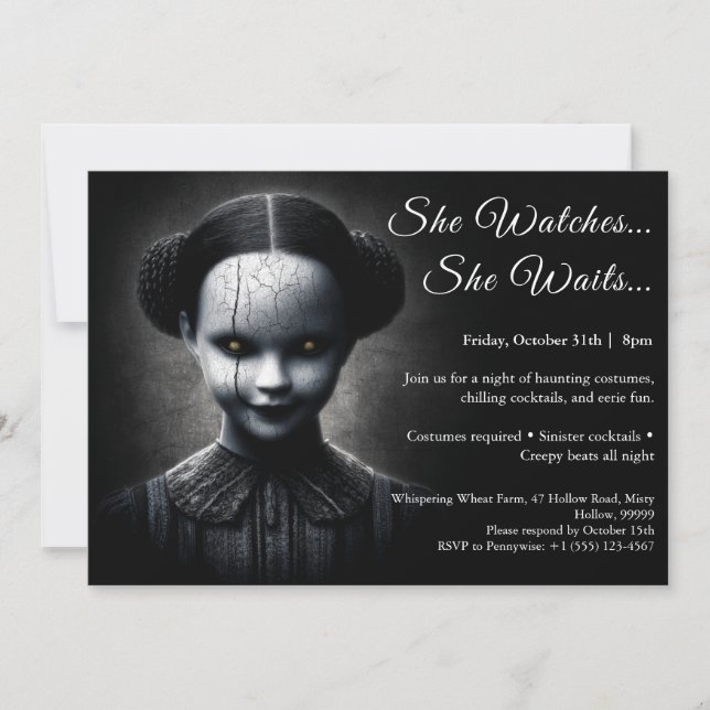 Invitation de fête en costume d'Halloween de poupé (Devant)