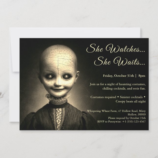 Invitation de fête en costume d'Halloween de poupé (Devant)