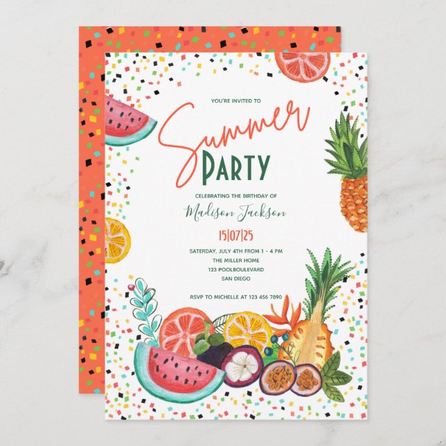Invitation de fête estivale aux fruits tropicaux (Devant / Derrière)