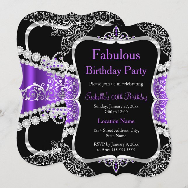 Invitation de fête fabuleuse violet argent noir (Devant / Derrière)