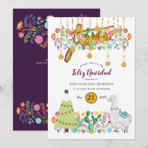 Invitation de fête Feliz Navidad Llama Fleurs Folk