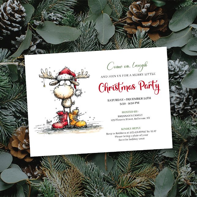 Invitation de fête festive rouge et verte de renne (Quirky Reindeer Festive Red Green Party Invite)