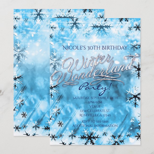 Invitation de fête Flocons de neige bleus Pays des (Devant / Derrière)