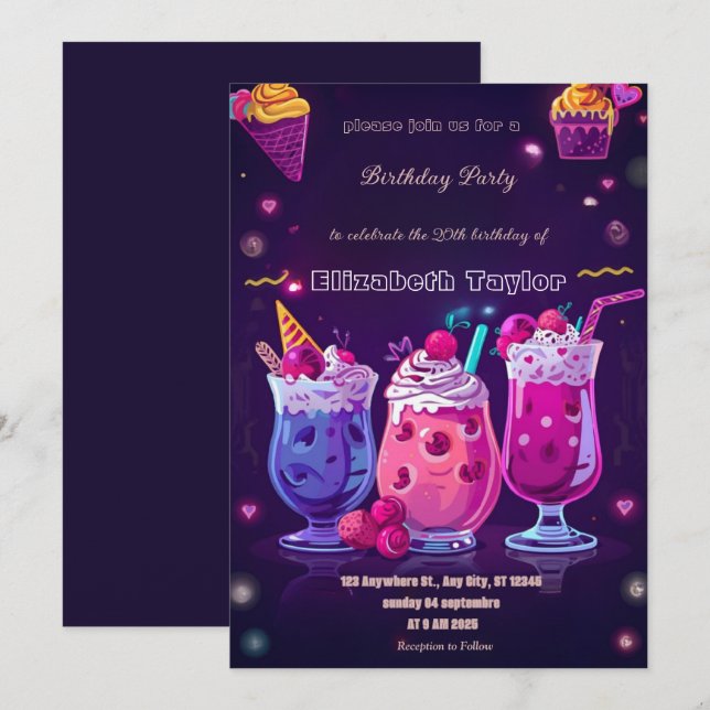 Invitation de fête folle de milkshake – Sucré Colo (Devant / Derrière)