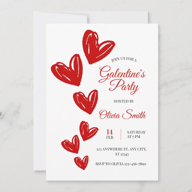 Invitation de fête galentine à coeurs rouges, Sain (Devant)