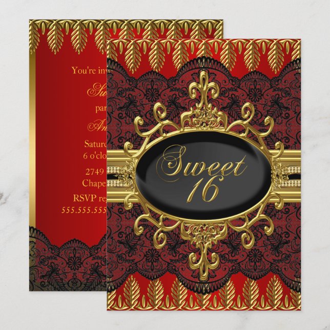 Invitation de fête Gold Red Leaf Lace Sweet 16 (Devant / Derrière)