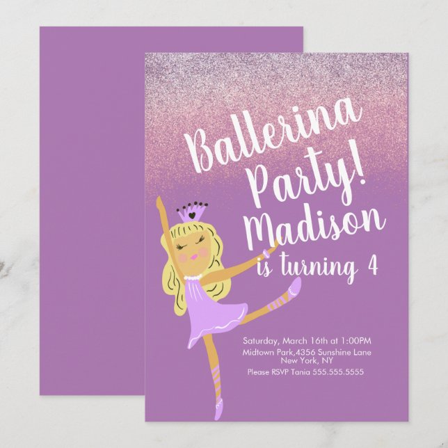 Invitation de fête gribouillée de ballerine mignon (Devant / Derrière)