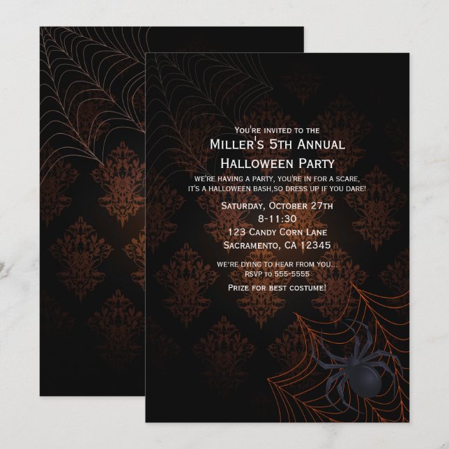 Invitation de fête Halloween à damas orange et noi (Devant / Derrière)