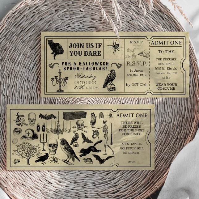 Invitation de fête Halloween de billet vintage (Vintage Ticket Halloween Party Invitation Front and Back)
