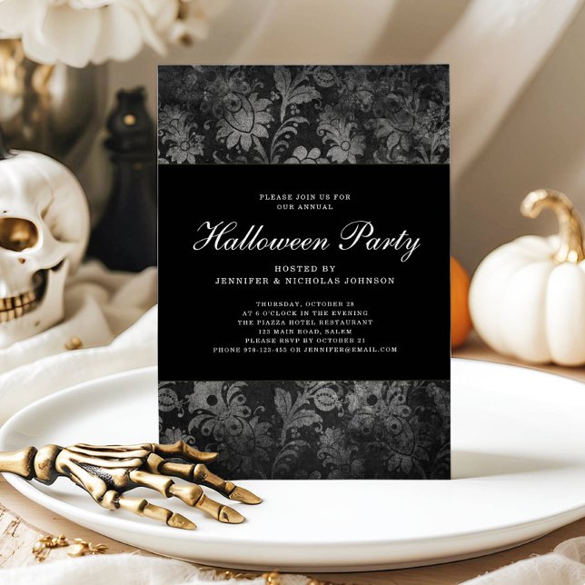 Invitation de fête Halloween en damas noir gothiqu (Gothic Black Damask Halloween Party Invitation)