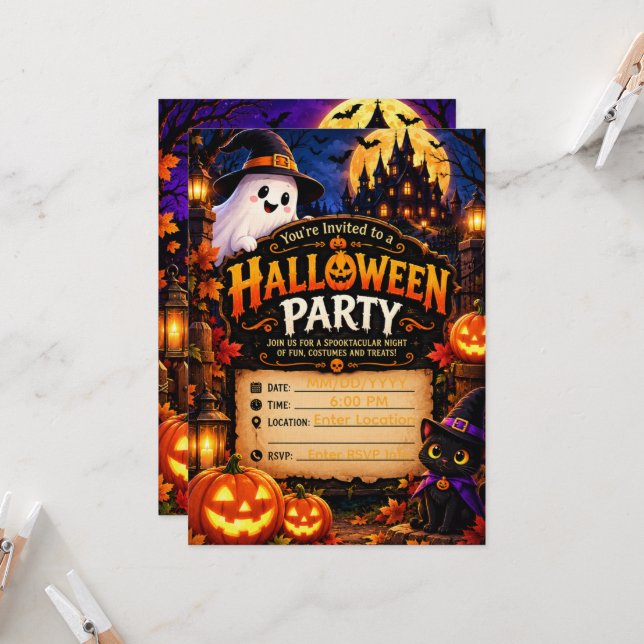 Invitation de fête Halloween mignonne | Modèle eff (Devant/Arrière en situation)