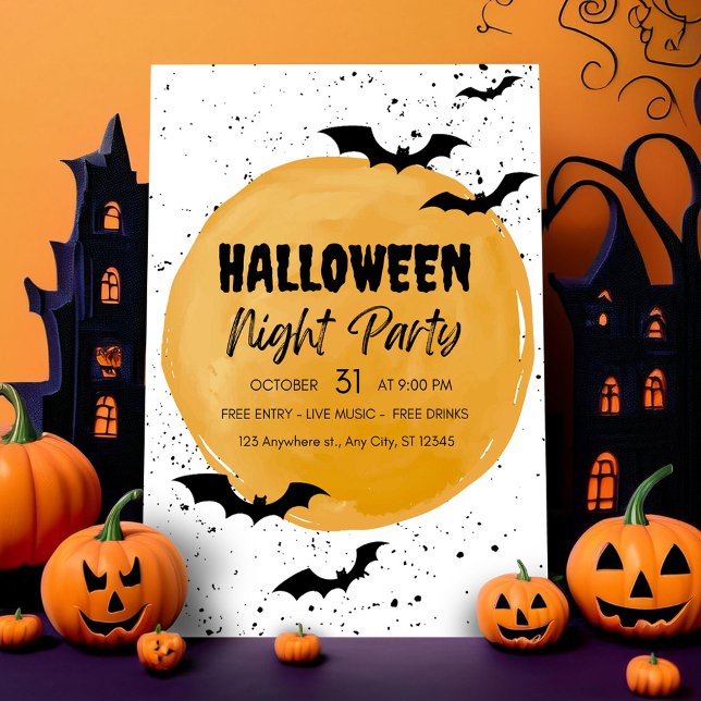 Invitation de fête Halloween modifiable Bats noirs (black halloween bats night party invate orange creepy scary pumpkins)