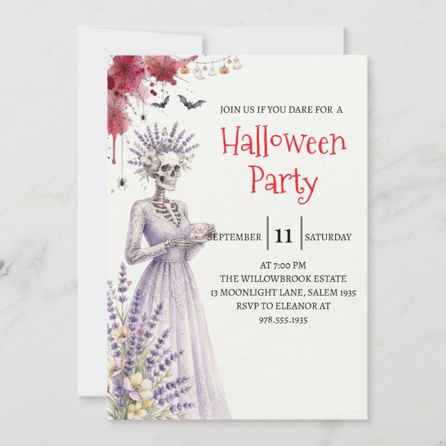 Invitation de fête Halloween squelette de dame got (Devant)