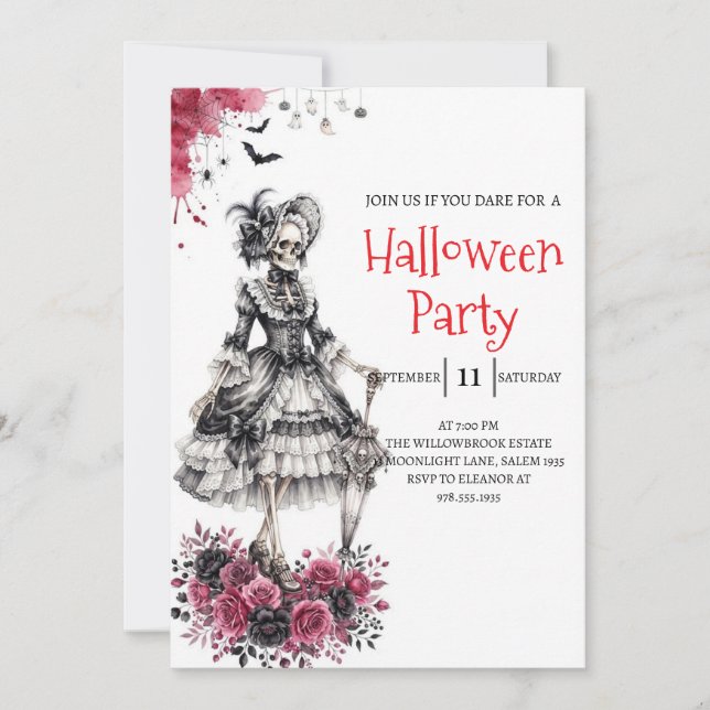 Invitation de fête Halloween squelette de dame got (Devant)