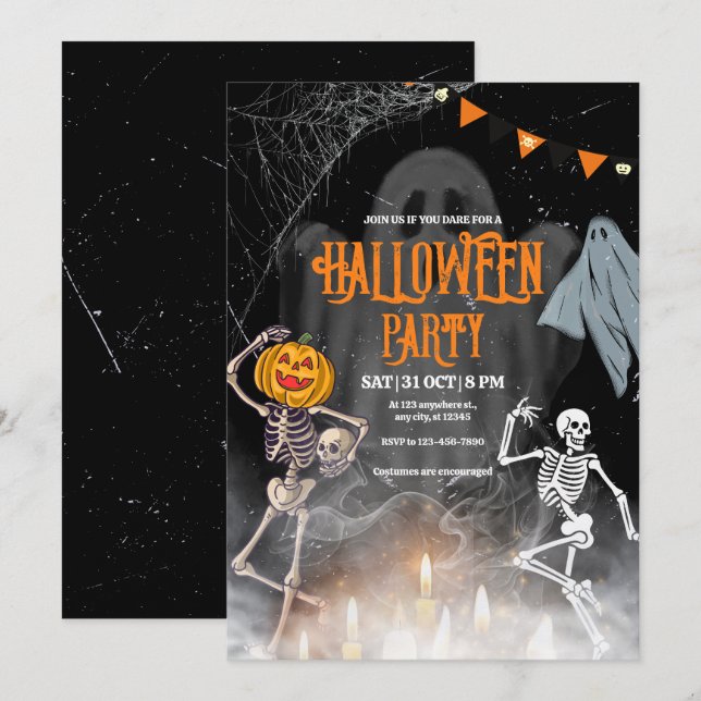 Invitation de fête Halloween vintage, squelette Ha (Devant / Derrière)