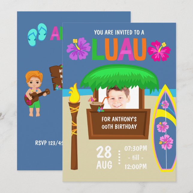 Invitation de fête hawaïenne Luau pour enfants ave (Devant / Derrière)
