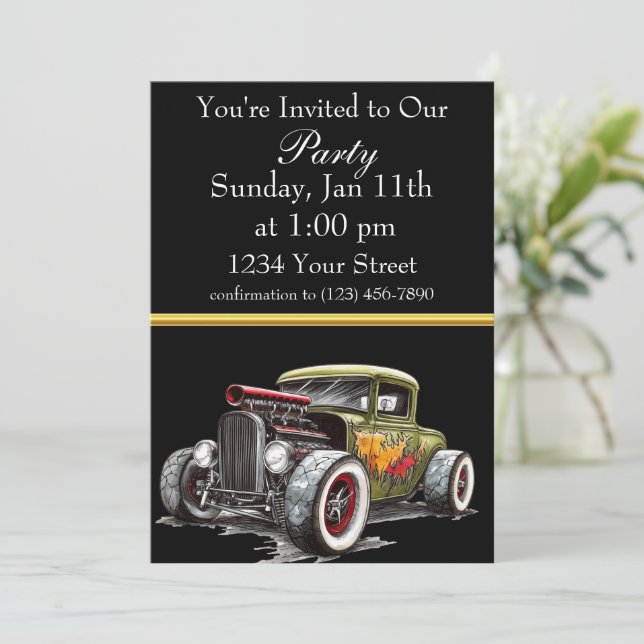 Invitation de fête Hot Rod avec bande de feuille d (Debout devant)