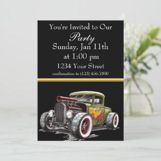 Invitation de fête Hot Rod avec bande de feuille d